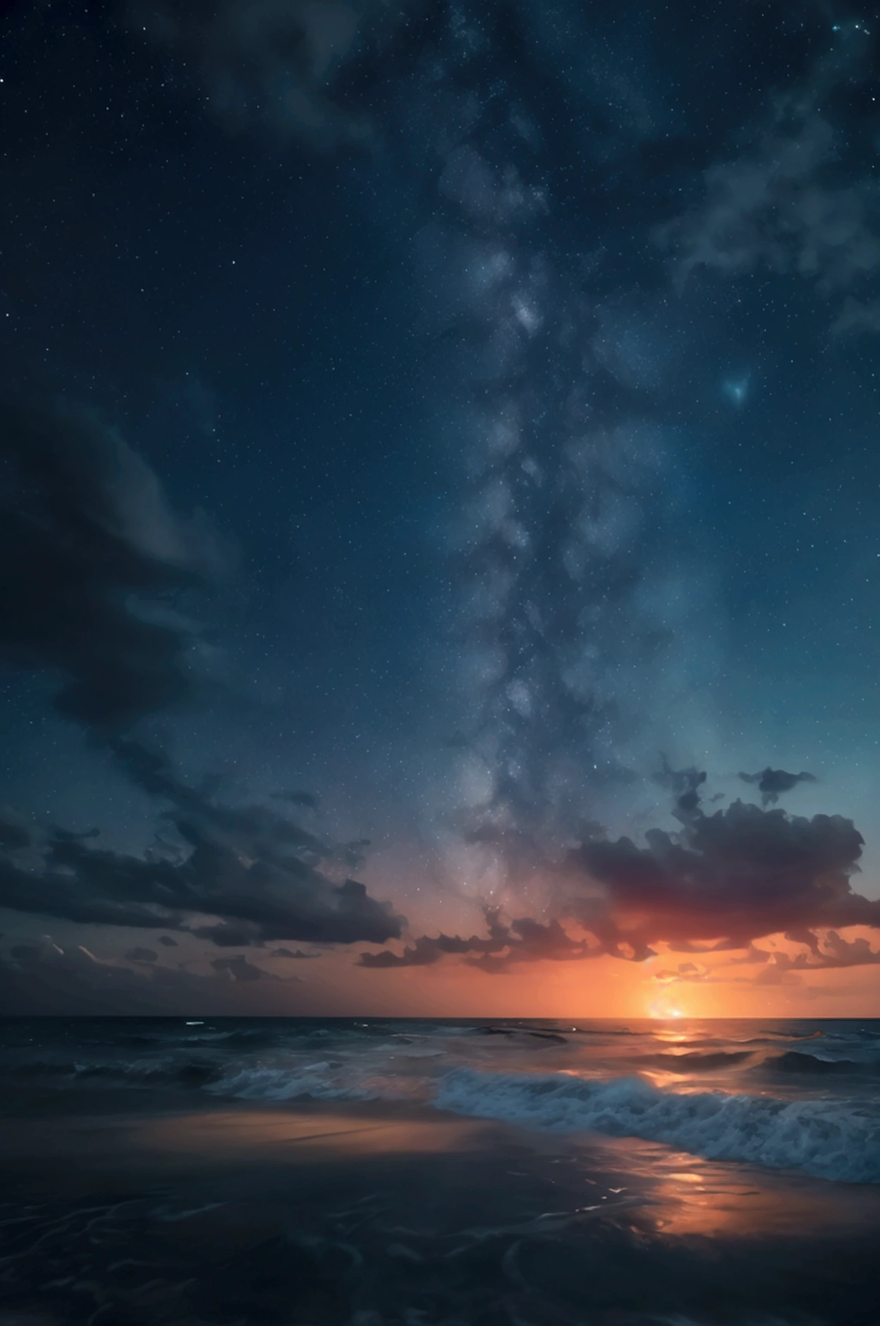 Late Night、Starry sky and seascape、photograph、Real、It is expressed in detail、The stars shine strongly、