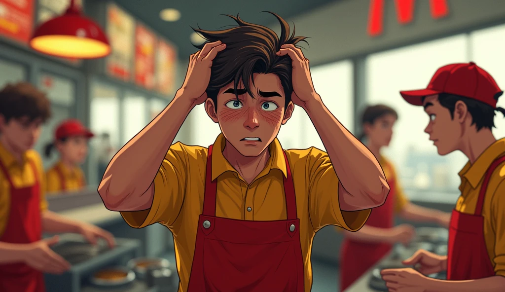 A young man, wrinkled, stressed out, with hands on head pulling hair, working at macdonalds, people working around you, all in red and yellow uniforms, Semi-realistic cinematic illustration