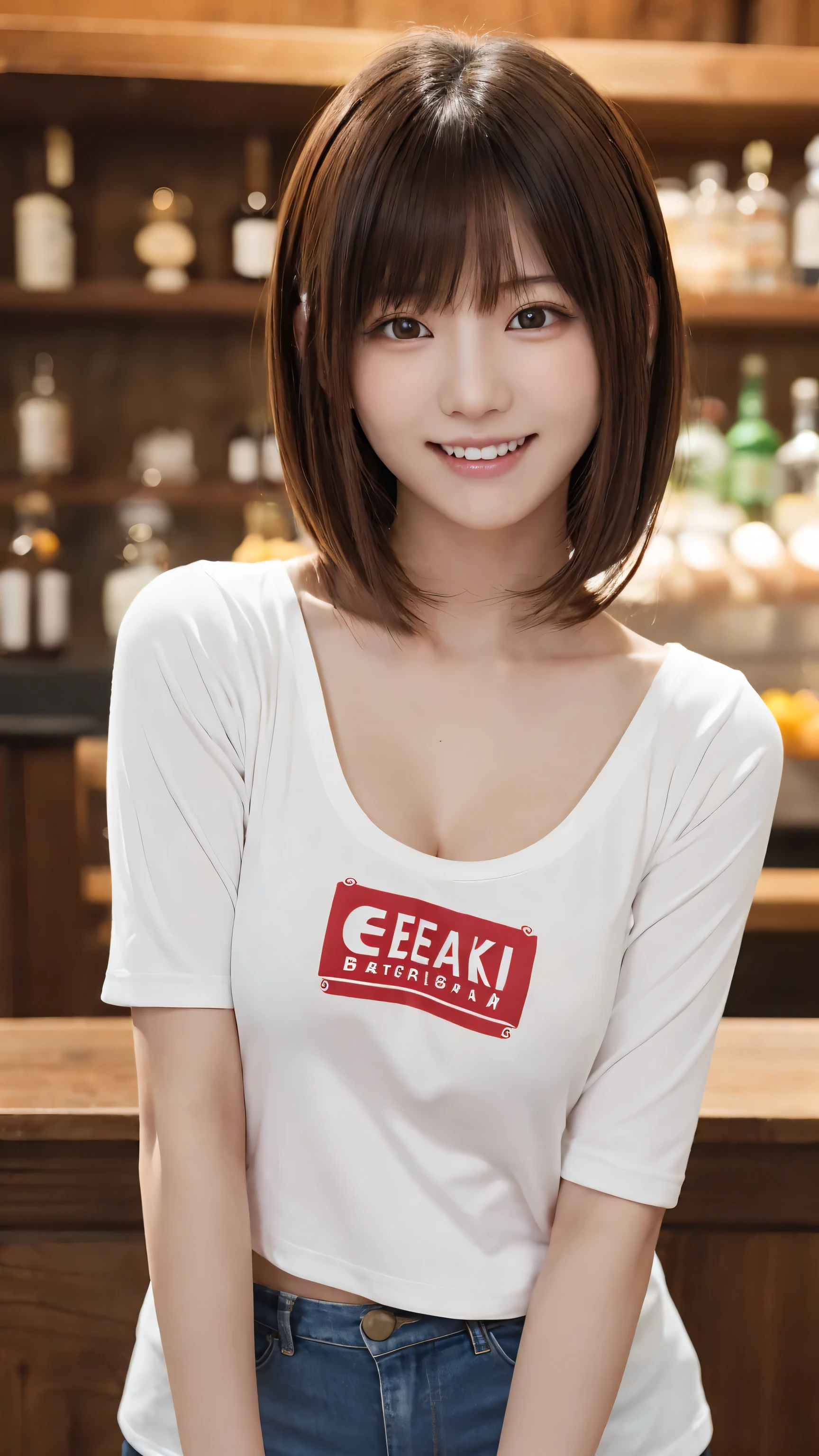 One beautiful girl, (Japanese beautiful girl, Delicate:1.3), (18-year-old:1.3),
break, (bar　background:1.2),
break, Shy laugh, Very beautiful eyes, (Symmetrical eyes:1.3),
break, (E cup breasts:1.3), Cropped Logo T-shirt:1.3, Micro Mini Hot Pants:1.3, Beautiful legs, Thighs, Brown eyes, Parted bangs, Brown bob cut hair, Round face, cute,
break, (Eye and facial details:1.0),
break, (masterpiece, Highest quality, Very detailed, Detailed face, 8k)