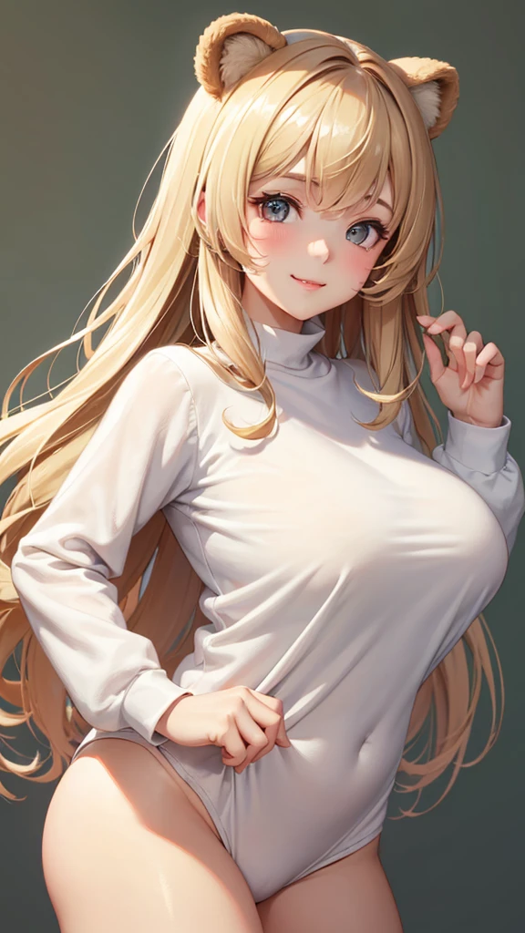 Best Quality,High resolution,8k,(plain white background, no patterns, no textures, just a plain white background:1.3),Masterpiece:1.2),beautiful girl,Big Breasts,(Shiny khaki hair:1.3),messy hair,Beautiful khaki eyes,A cute girl dressed in a cozy bear onesie, complete with little round ears and a fluffy tail, posing playfully as a bear. The onesie is soft and plush, with a warm brown color that resembles a teddy bear. She has a cheerful expression, her hands mimicking bear paws as she pretends to be an adorable bear cub. The scene is lighthearted and fun, capturing her playful spirit and the comfort of her cute, cozy outfit,Gentle look,A refreshing look,smile,Best quality,Best Quality,Aesthetic and aesthetic:1.2,Best details((Super detailed))(High-definition CG illustrations),Slender body,smile,blush,cute,Scrounge,Looking up,Being spoiled,super model