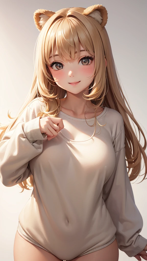 Best Quality,High resolution,8k,(plain white background, no patterns, no textures, just a plain white background:1.3),Masterpiece:1.2),beautiful girl,Big Breasts,(Shiny khaki hair:1.3),messy hair,Beautiful khaki eyes,A cute girl dressed in a cozy bear onesie, complete with little round ears and a fluffy tail, posing playfully as a bear. The onesie is soft and plush, with a warm brown color that resembles a teddy bear. She has a cheerful expression, her hands mimicking bear paws as she pretends to be an adorable bear cub. The scene is lighthearted and fun, capturing her playful spirit and the comfort of her cute, cozy outfit,Gentle look,A refreshing look,smile,Best quality,Best Quality,Aesthetic and aesthetic:1.2,Best details((Super detailed))(High-definition CG illustrations),Slender body,smile,blush,cute,Scrounge,Looking up,Being spoiled,super model