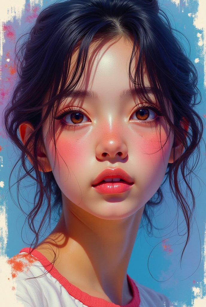 Colorful beautiful girl:28-year-old girl,dirty hair,oil painted,perfect face,soft skin, perfect face,blue-yellow colors,Added light purple and violet colors.,added light red color,complex parts,screensaver,permission 8k,chedevr, cute face, ArtStation digital painting provides smooth and very black ink flow.:Photorealistic masterpiece in 8k resolution:complex detailed painting with liquid gouache:author: By Jean Baptiste Mongue:calligraphy:propylene:watercolor art,professional photo shoot,daylight,Minimalistic photographic illustration of volumetric lighting:author Мартон Бобзерт: ,difficult,elegance,Раскидистый,magical dream,Wavy hair,with dynamism