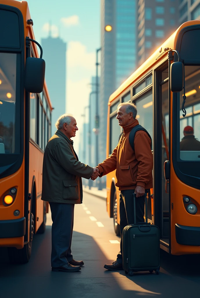 Passenger saying goodbye to the bus driver.