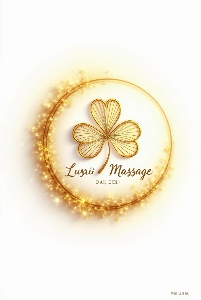 Golden clover leaf logo design, looks attractive, white and gold tones. There is a faint blur of golden light, written with the word lucky thai massage(circular picture)(High Quality)(Professional Logo Designer)