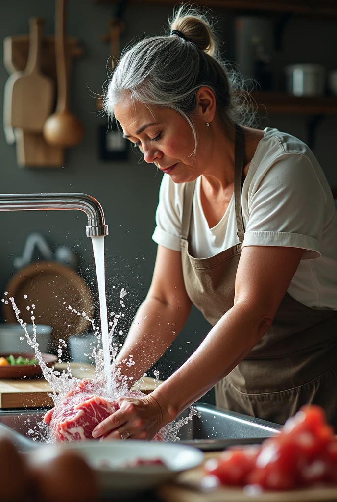 Show splashes of water coming out of meat washing by housewife