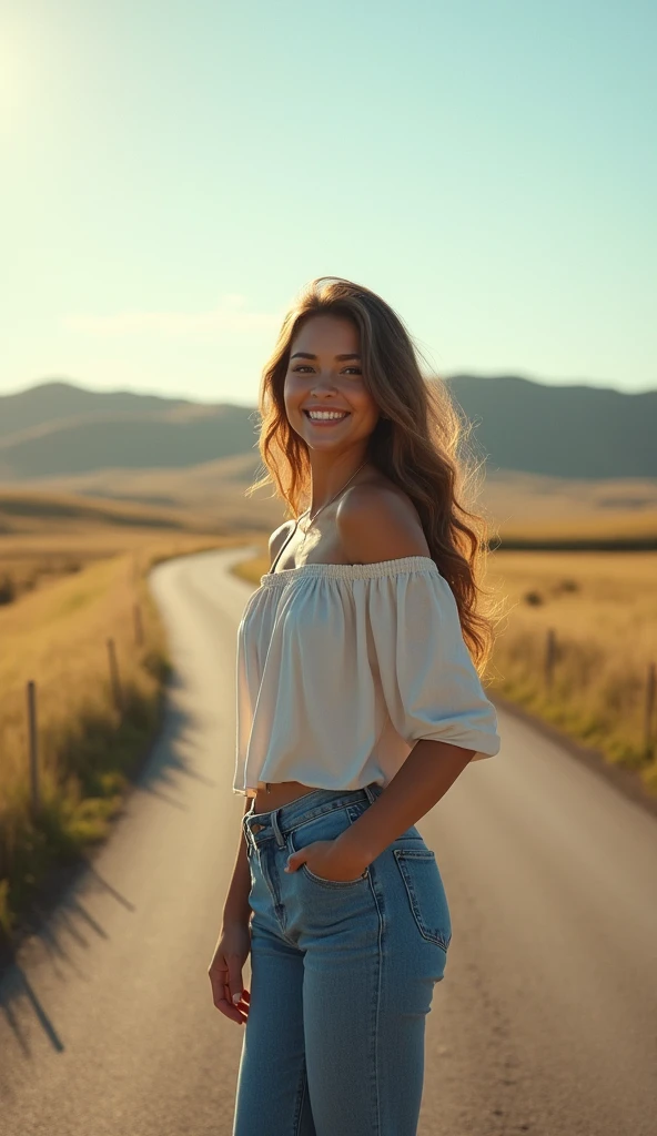 30 year old young curvy woman standing on the road with the sky behind him in casual clothes