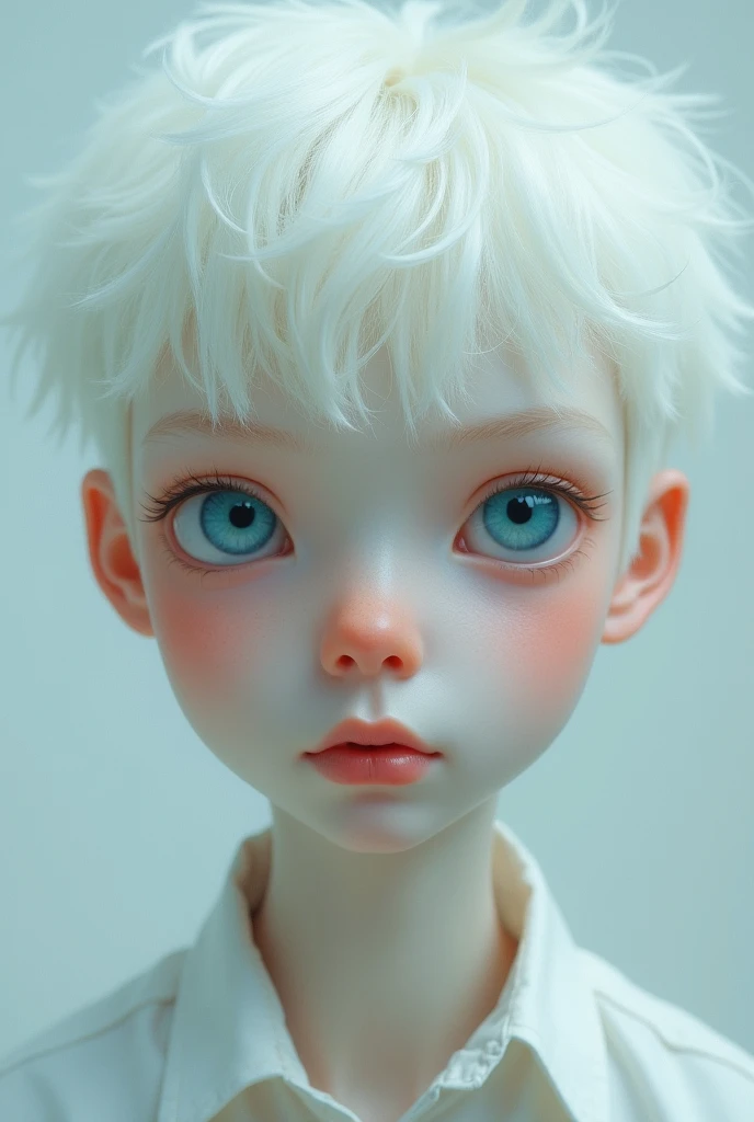An albino man, fluffy white hair, ocean blue eyes, chubby cheeks and big lips