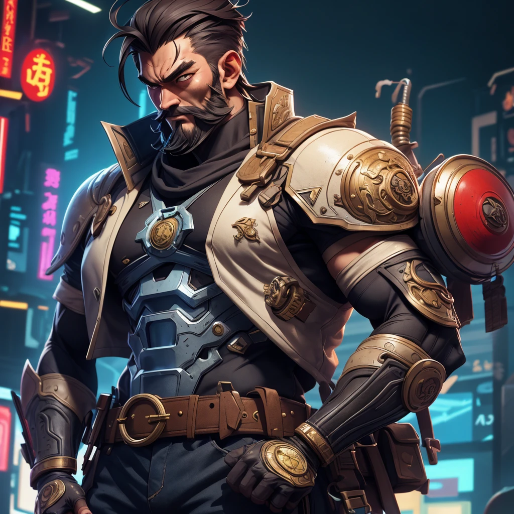 adult man, Cao Cao, strong bodie, wearing a tank top, sem beard, cyberpunk