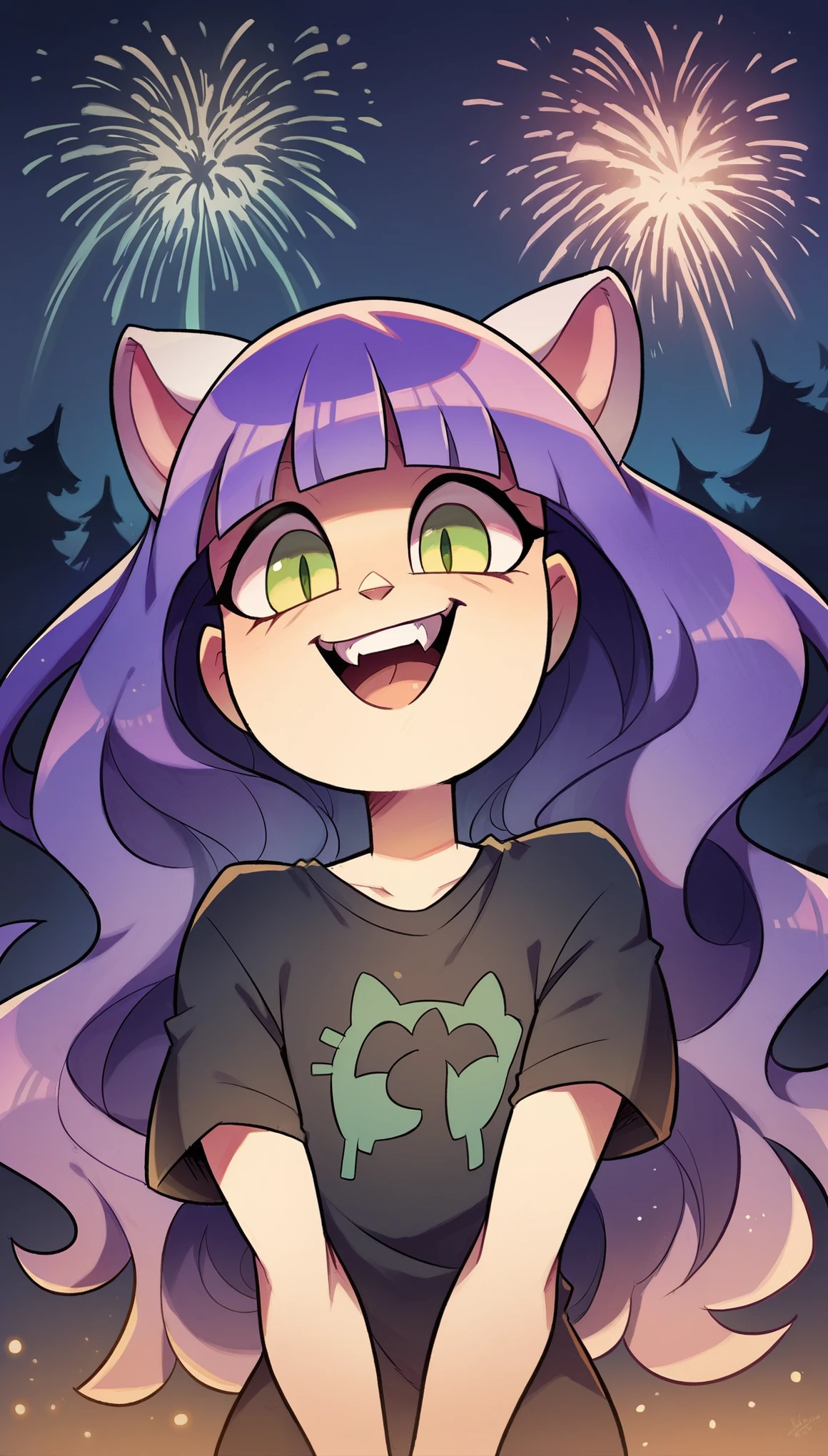 (masterpiece), best quality, expressive eyes, perfect face, solo, , cat ears,
long hair, wavy hair, blunt bangs, purple hair, green eyes, flat chest, black t-shirt, smile, open mouth, short sleeves, 
forest, night, fireworks,