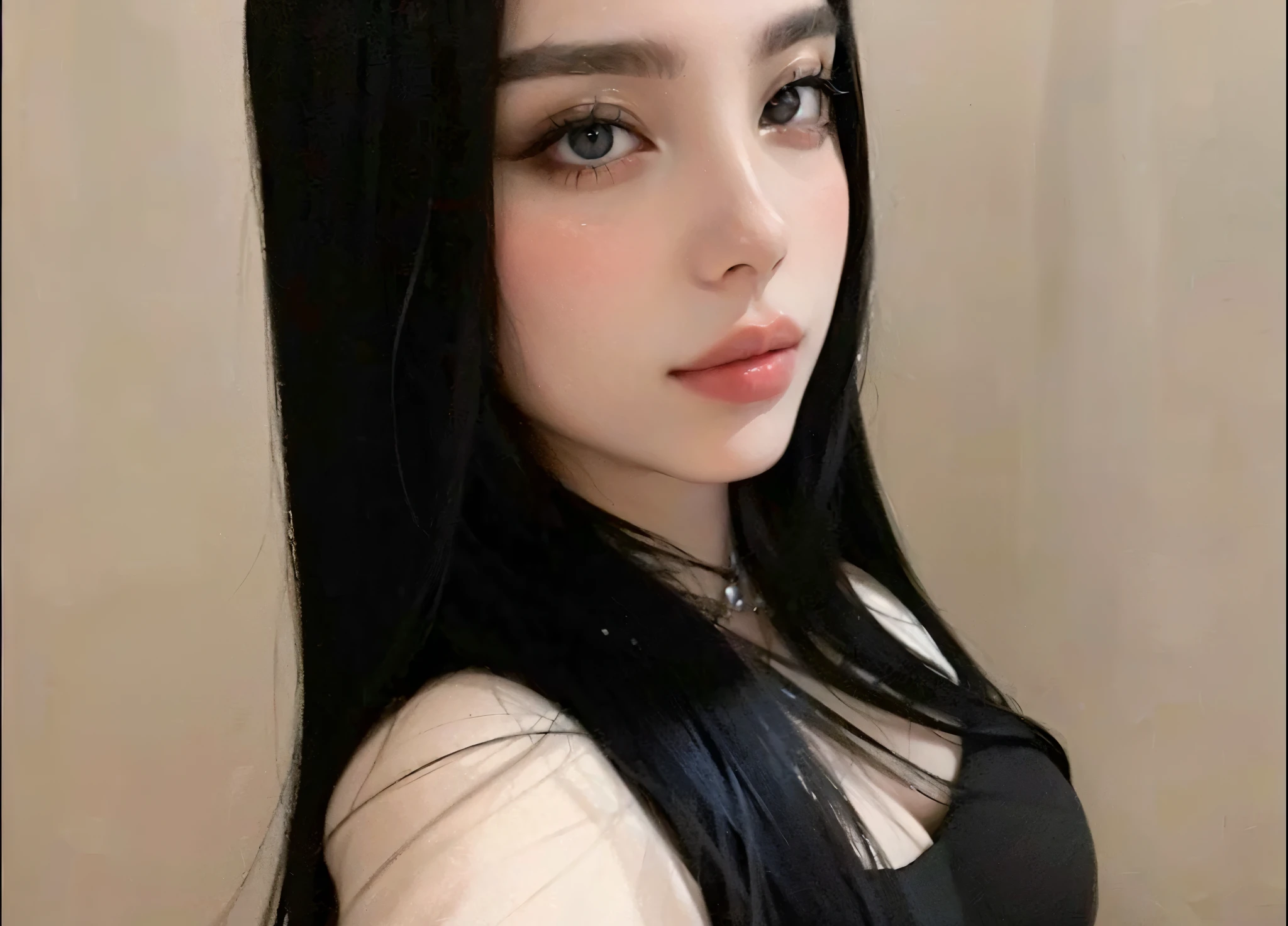 there is a woman with long black hair and a black shirt, alanis guillen, selfie of a young woman, looks like fabiula natal, 30-year-old woman from cuba, profile image, black hair and big eyes, with black hair, Photo the selfie, about 19 years old, beautiful latin face