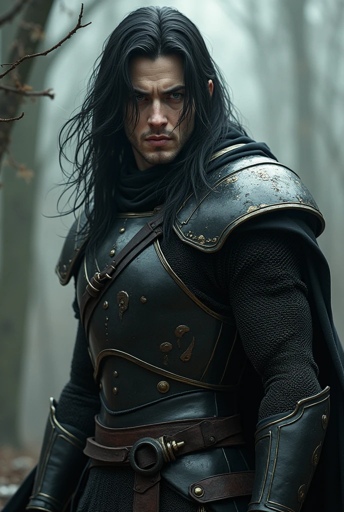 Create warrior man, with pale, almost white skin and long, dark hair, with a serene and serious appearance, almost without expression, wearing chainmail without the armor on top