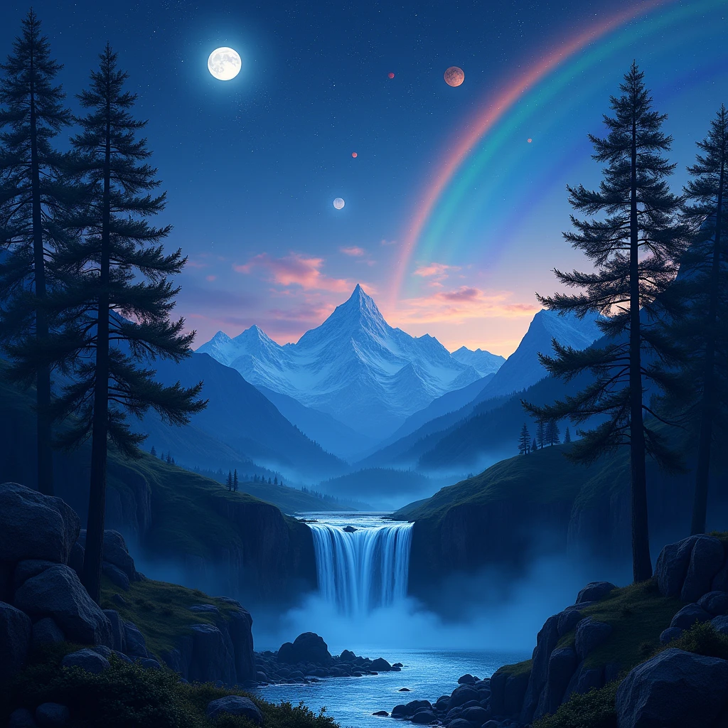 (photorealism:1.2), night with blue skies and million stars with galaxy and full moon and all planet and rainbow with dark shadow and pine tree in the mountain with falls