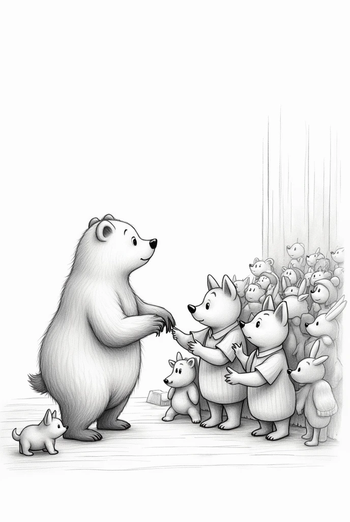 pencil sketch of a animals and a bear holding hands and talking to many humans from a stage