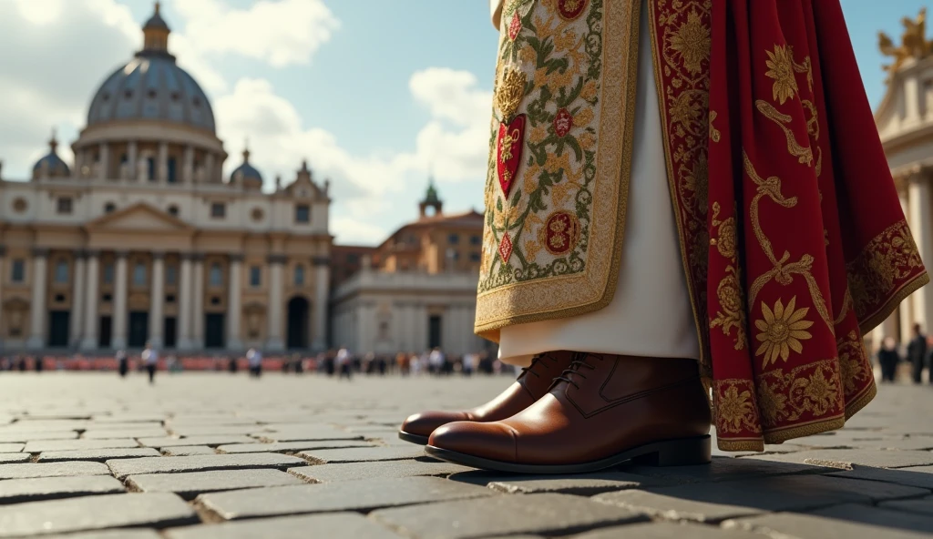 Scene set in St. Peter's Square in the Vatican. The focal point of this image is the brown no laces ankle boots the Pope is wearing. Highly ornately decorated outfit with papal insignia. The background is St. Peter's Square in the Vatican. The scene captures the moment of religious significance and the historical and artistic richness of St. Peter's Square. Ultra-realistic photo, 16k, ultra high resolution, photorealistic, Ultra HD.