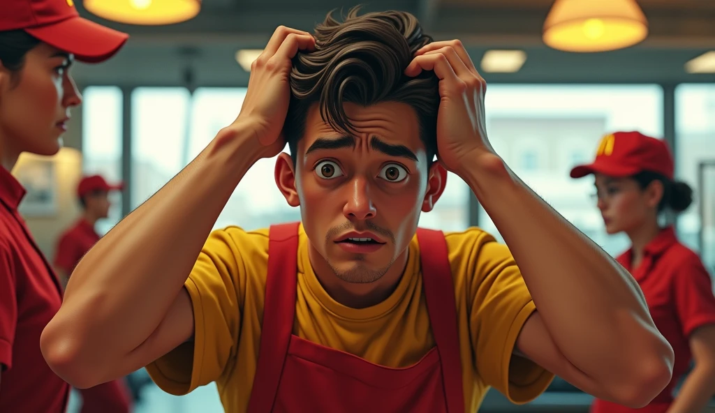 A young man, wrinkled, stressed out, with hands on head pulling hair, working at macdonalds, people working around you, all in red and yellow uniforms, Cinematic realistic illustration