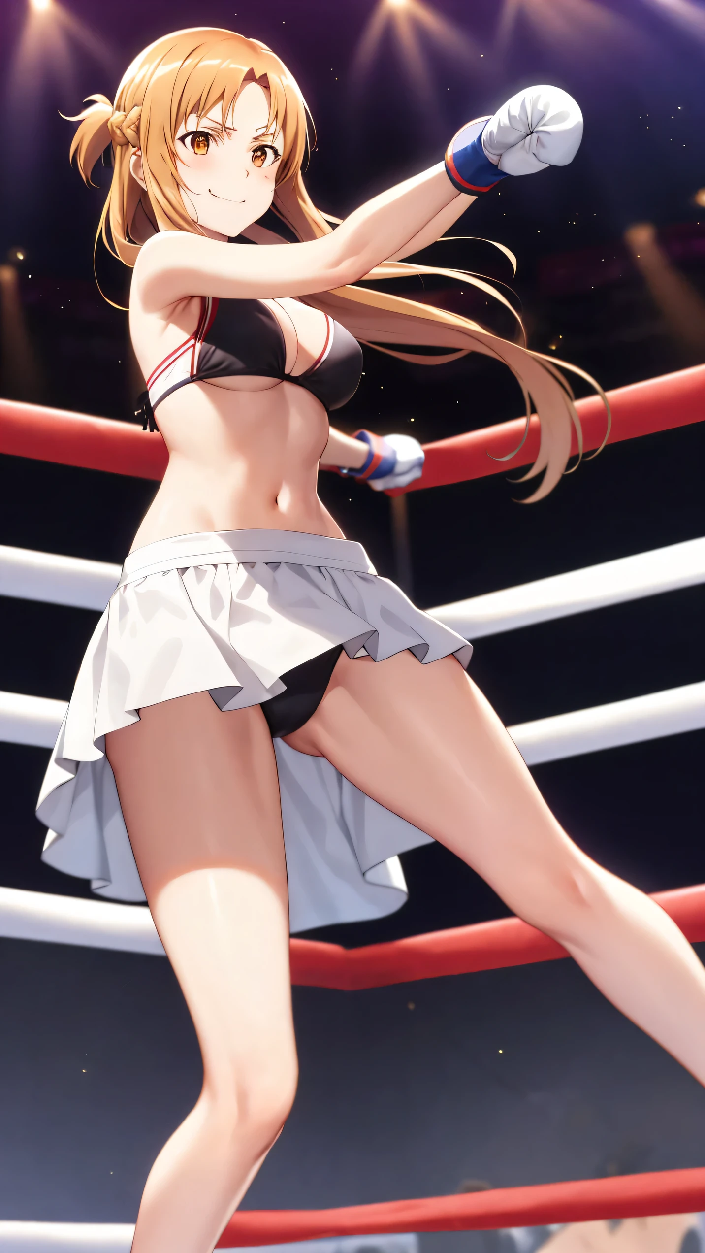 Asuna yuki(Sword Art Online), Dynamic Angle, Long bronze hair,Braiding,Brown eyes,Detailed eyes,Big bust line,bikini, Roll Forward,Real,Her slim legs are really cute.,Very beautiful long legs, Perfect body,Real,(Standing Alone),Fighting Pose,Boxing gloves,Boxing Ring,Smirking, From Below,winner,Ultra HD,Detailed eyes,Detailed face,