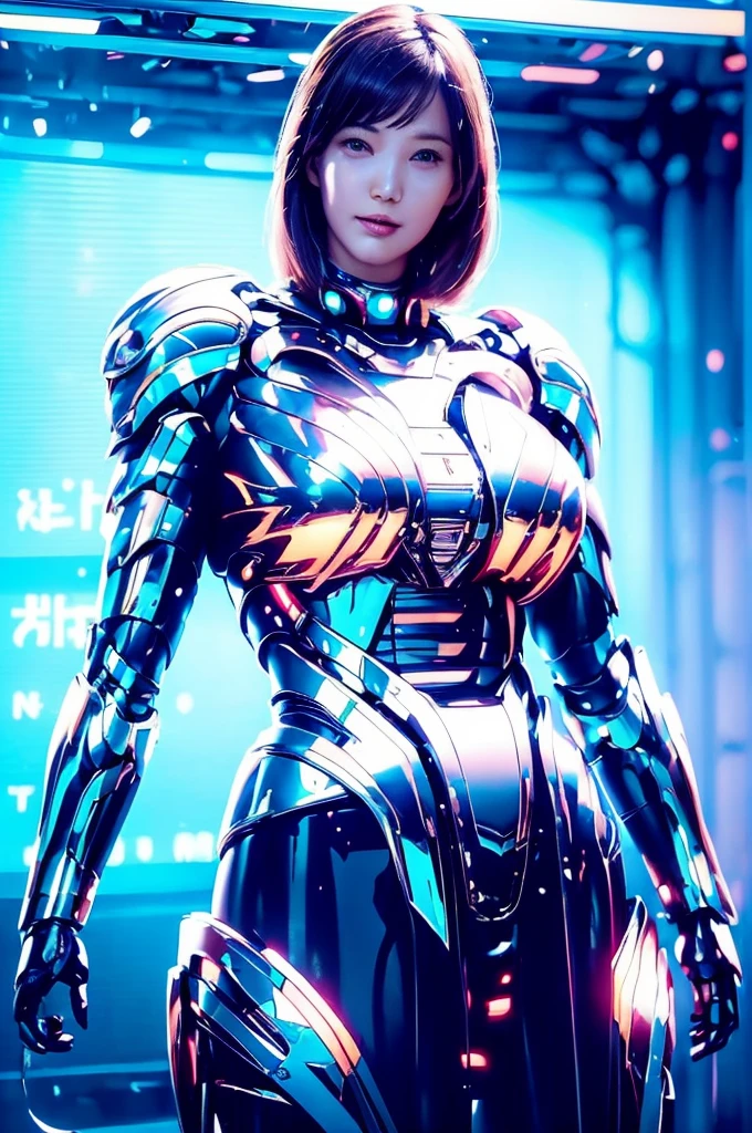 Highest quality, masterpiece, figure, (Realistic, photo-Realistic:1.37), wonderful, In detail, Incredibly absurd, Large file size, Very detailed, High resolution, Very detailed CG Unity 8k wallpaper, Very detailed目と顔, Ray Tracing, Browsing Caution, NUDE, One girl, Korean cyborg girl is innocent and young々Has a sly expression. She poses boldly with her arms raised above her head, Revealing her voluptuous figure. She is wearing a small black mecha armor top that barely covers her breasts., Exposing most of her flawless skin. Her shoulders and head have more armor detailing.、There are shining highlights, Tech Panels and Mechanisms. She is standing against a futuristic cityscape lit up with vibrant neon lights.、Standing full of energy。.