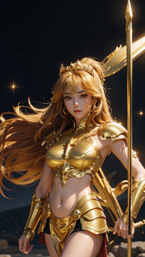 1girl, solo, saint seiya_custome, superhero, gold armor, Golden dress, beautiful princess, belly, being on the battlefield, the golden sword