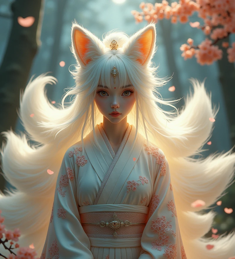 (Realistic Goddess of the Nine-Tailed Fox:1.4), (hyper-realistic details:1.5), (nine flowing, luxurious fox tails:1.5), (soft, shimmering white fur:1.4), (lifelike fox ears:1.3), (delicate, yet powerful facial features:1.4), (piercing, intelligent eyes:1.5), (traditional yet intricately detailed kimono:1.4), (realistic fabric textures:1.3), (soft, moonlit glow on skin:1.3), (ancient, enchanted forest background:1.4), (trees and flora with lifelike textures:1.3), (glowing sakura petals floating:1.3), (gentle wind ruffling fur and clothing:1.4), (realistic lighting and shadows:1.4), (subtle mystical aura:1.3), (earth-toned and natural colors:1.3), (slight glimmer in the night sky:1.3), (delicate, intricate patterns on clothing:1.3), (fox spirit energy subtly visible:1.3), (serene and dignified expression:1.4), (divine, ethereal beauty:1.4)
