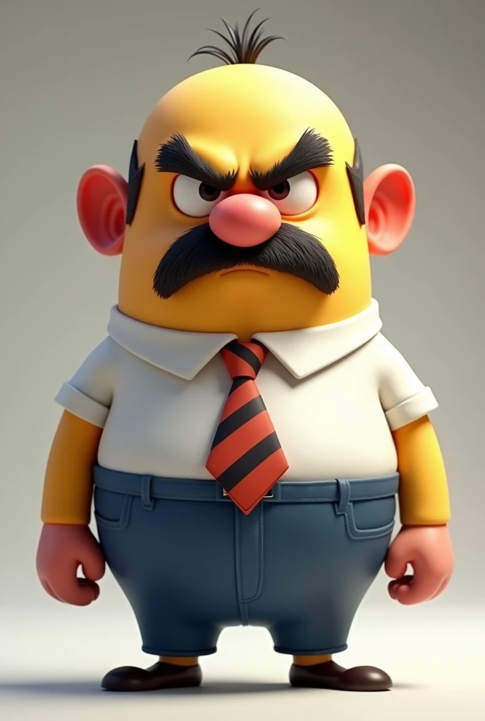 a cartoon guy that is a angry boss, (colorful design:1.4), (Disney style),(pixar style:1.5), bald with a big nose and big mustache,your shirt is white and your pants are blue, he wears a striped tie, has only two hairs, (your nose is narrow thin and long and goes down from the eyebrow:1.5), their nostrils are hairy and very prominent, her body is small and she has thin legs, your eyebrows are thick and expressive, your body is shaped like the minions,your ears are red with anger,