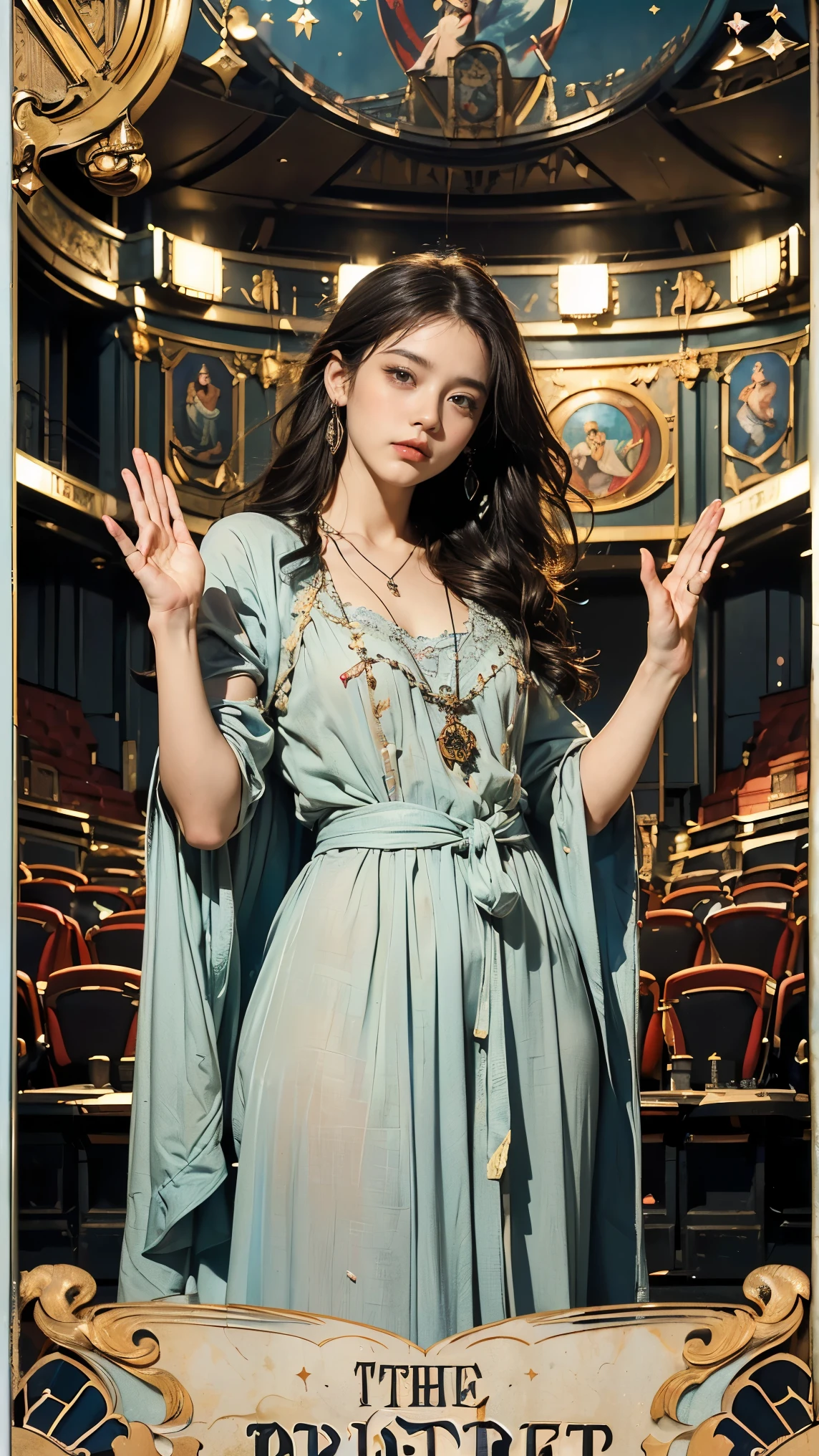 Highest quality、masterpiece、タロットcard、Balance scale、(Morgan Greer Tarot:1.2)、Retro art style、Thick outline、English text、Roman numerals、card、(Install the frame properly:1.2)、(タロットcard風の枠:1.5)、((Medieval Europe、Woman in theater, Woman standing in the center of the theater、Pose with hands forward、Woman in bohemian clothes、Lazy expression、Beautiful woman 考え:1.5))