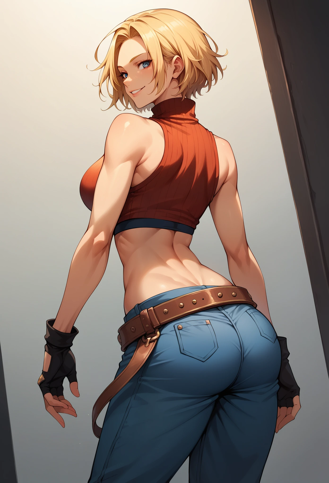 score_9, score_8_up, score_7_up, BREAK, score_9, bmarydg, blonde hair, short hair, smile, sleeveless turtleneck, sleeveless, baggy pants, loose belt, crop top, blue_Pants, fingerless gloves, blue eyes, looking at viewer, cowboy shot, ass, from behind, dark room