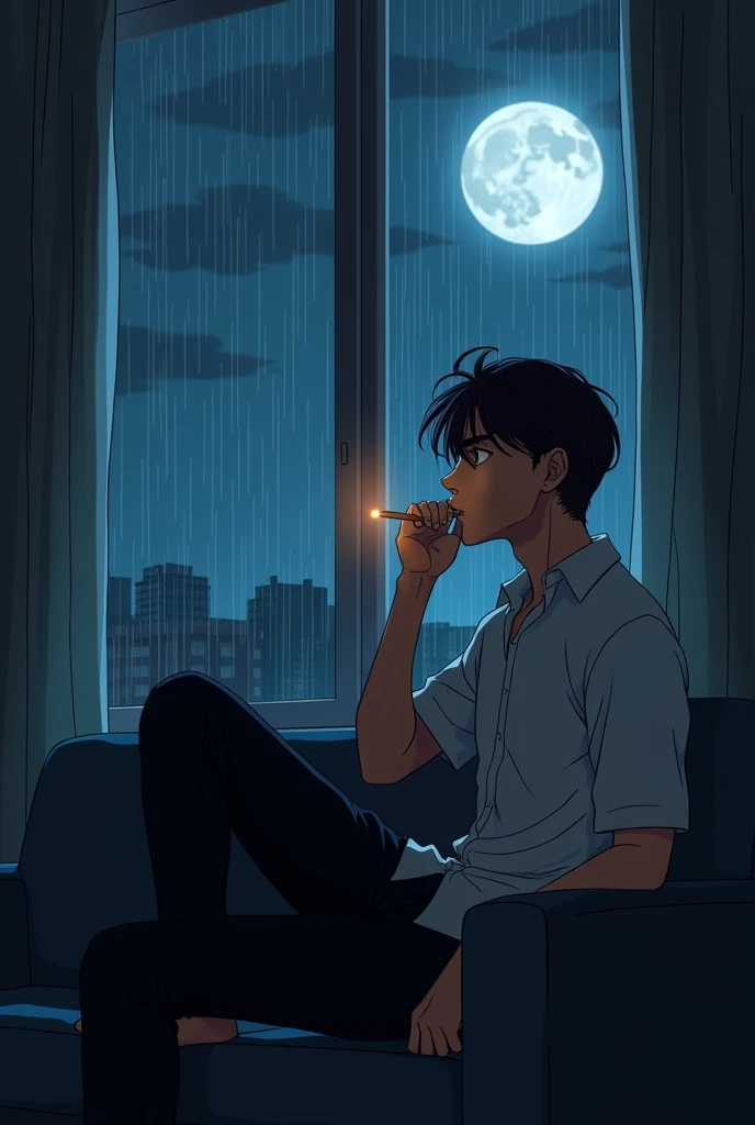Adult anime boy sitting on a couch smoking and looking out the window at night with rain that can only be seen from the waist up with the moon illuminating it