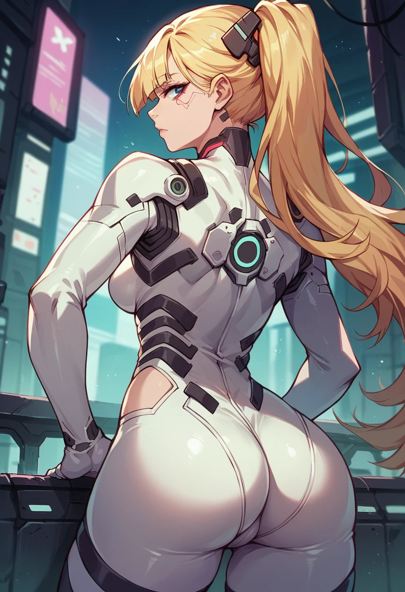 1girl, solo,white bodysuit,blonde hair,background, neon color, science fiction, cyberpunk,ass  