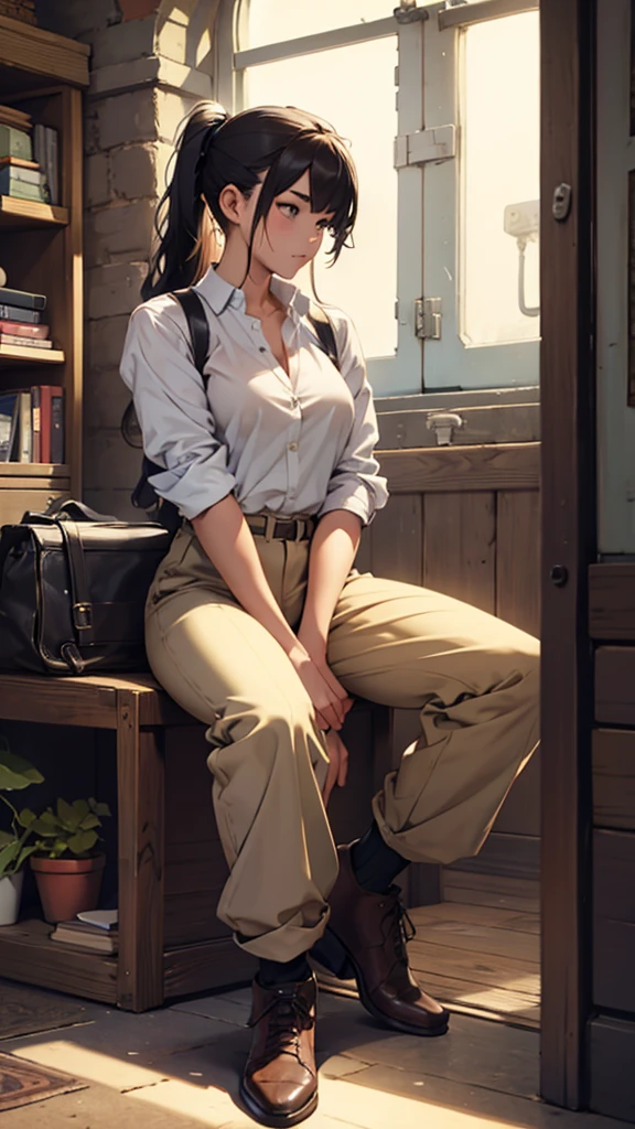 full body of girl in trousers sitting, perfect body