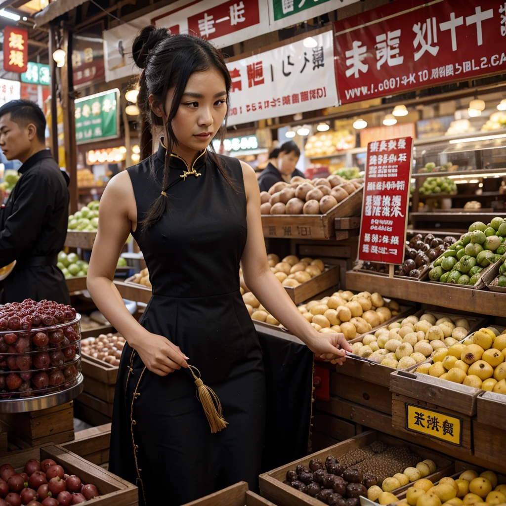 A black Chinese dress for sale in a market.