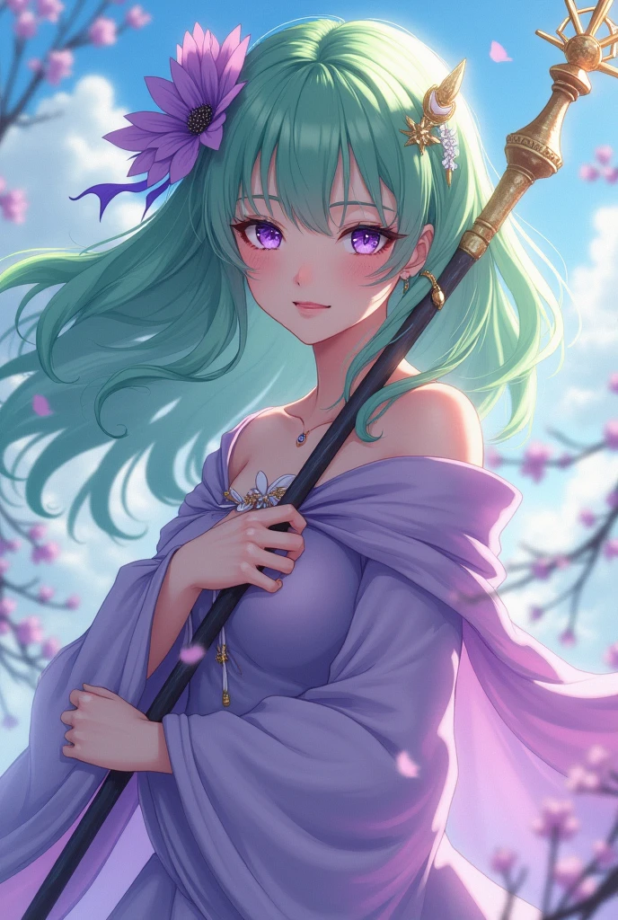 Woman with long hair down to her butt, anime styling, pretty,fly away, hair green,Lilac Eyes,white skin,lilac cloak,staff