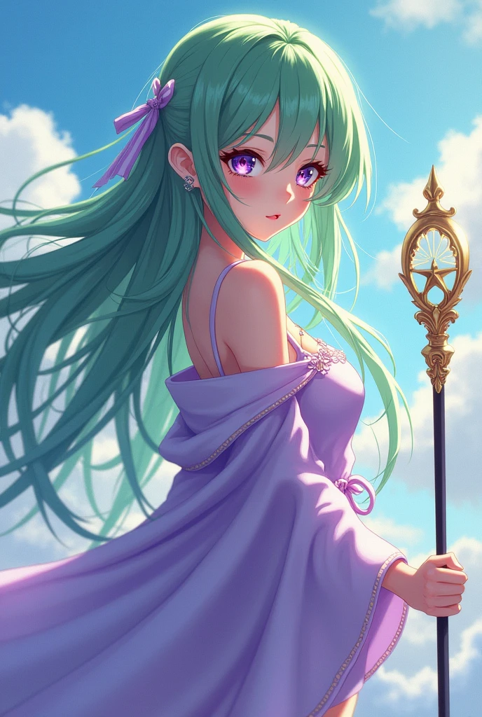 Woman with long hair down to her butt, anime styling, pretty,fly away, hair green,Lilac Eyes,white skin,lilac cloak,staff