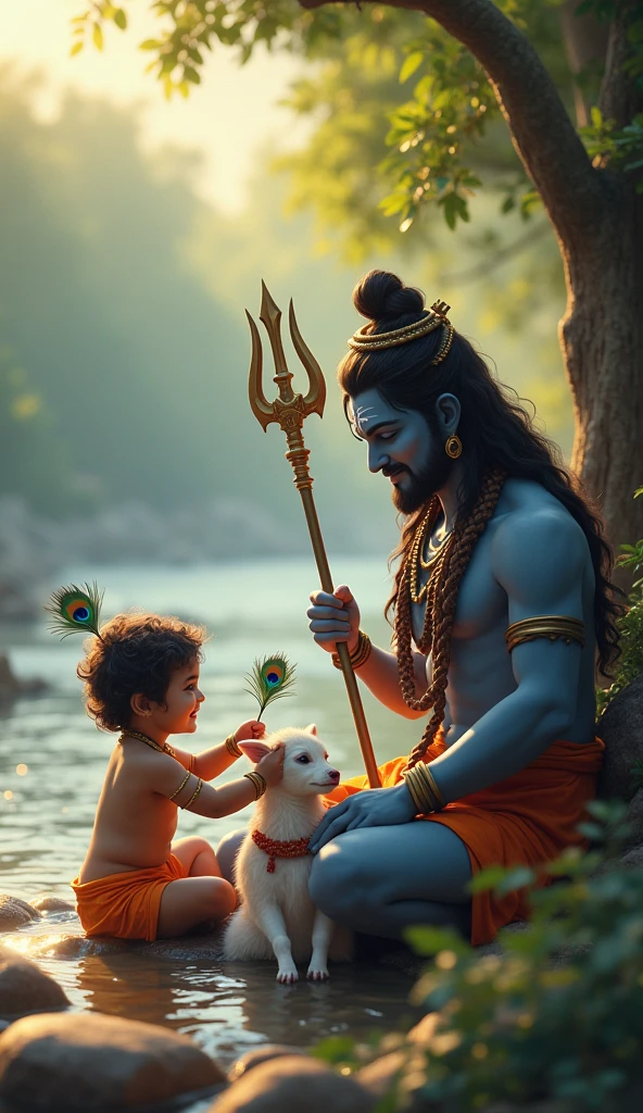 "By a serene riverside, Baby Krishna and Lord Bholenath (Shiva) are sitting together in a peaceful, playful moment. Baby Krishna, with a joyful expression, holds a morpankh in his small hands, while Bholenath, calm and composed, holds a trident (trishul) in his powerful grip. A baby cow, soft and innocent, sits close to Bholenath, adding to the tranquil scene. The two divine beings are surrounded by the natural beauty of the riverside, with the gentle flow of the river, lush green trees, and the soft light of dawn illuminating the scene, reflecting the harmony and divinity of their presence."