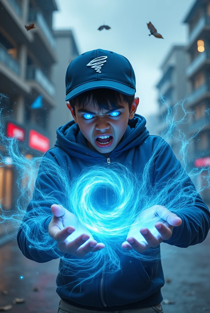 a young real age age . 19 Malaysia Indonesia.(Blue eyes) Glowing eyes. Anger face. Open mouth. . wearing an (navy blue white ) zip-up shirt, (nay blue white) navy blue cap with small logo (tornado) logo. Enger face . Dramatic.navy blue hoodie., detailed face, cinematic lighting, dramatic atmosphere,. Winter day. vibrant colors, 8k, high quality, photorealistic. Hero suit. Wind come from his hand. Glowing white wind element from hand, tornado everywhere . Glowing hand lightblue .navy blue , wind logo design . Very strong. Future design dress. Very epic. Very cool background.. dark sky. Very strong. Tornadastorm . Wind very strong . Flying dry leave everywhere.. wind ball sharp shape power from hand .rasengan . At city. Damage building. Floating small rock everywhere.