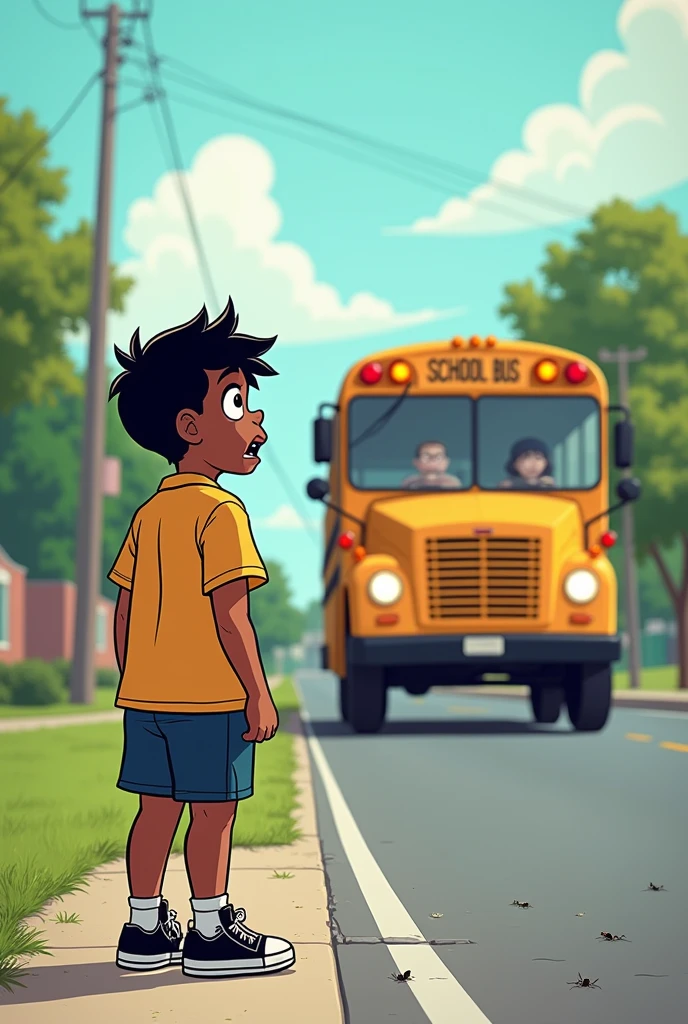 (comic) (cricket sounds) 
A teenage boy who's brown skin, chubby, short with a short haircut,wearing a school uniform. The middle schooler outside of the bus and the bus leaves ( show the backside of the bus.)