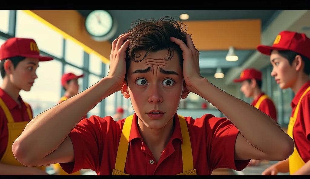 A young man, wrinkled, stressed out, with hands on head pulling hair, working at macdonalds, people working around you, all in red and yellow uniforms, Cinematic realistic illustration