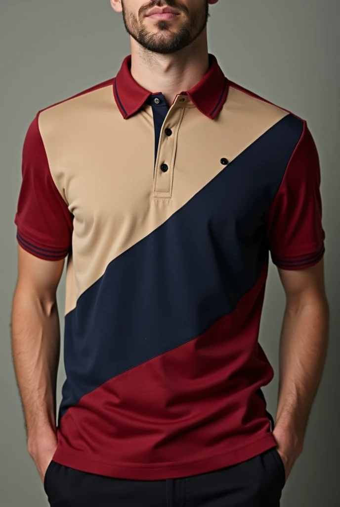 a polo shirt that has beige colors, dark blue and dark red