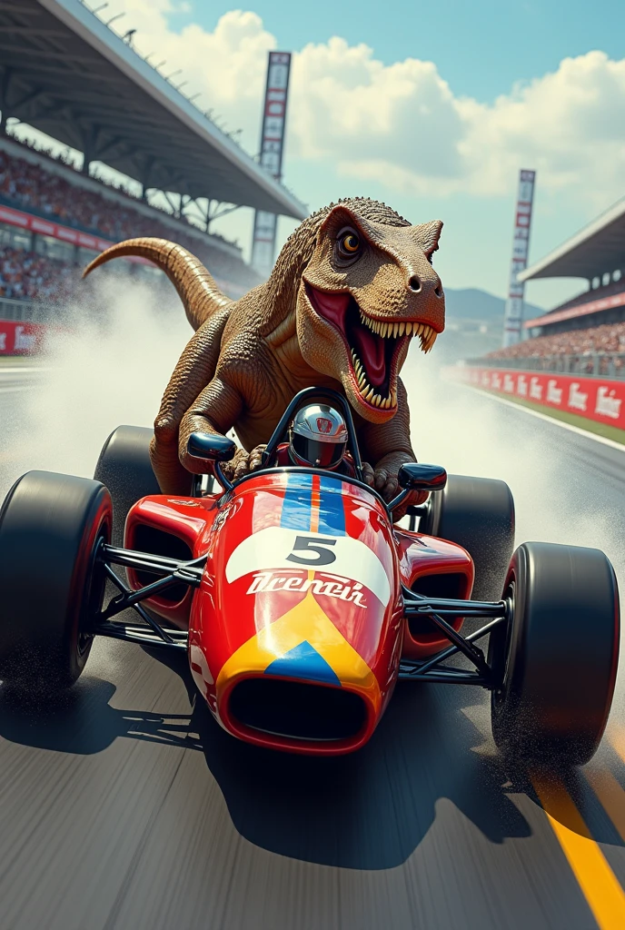 Make me a Velociraptor driving a race car