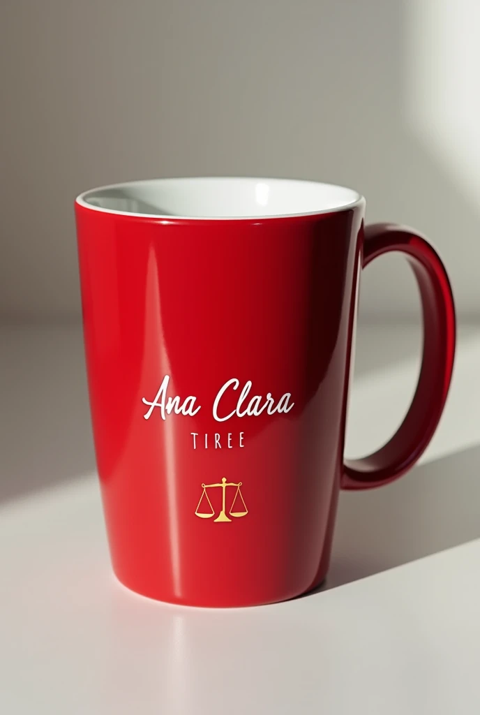 A red Ana Clara mug with the law symbol written Ana Clara