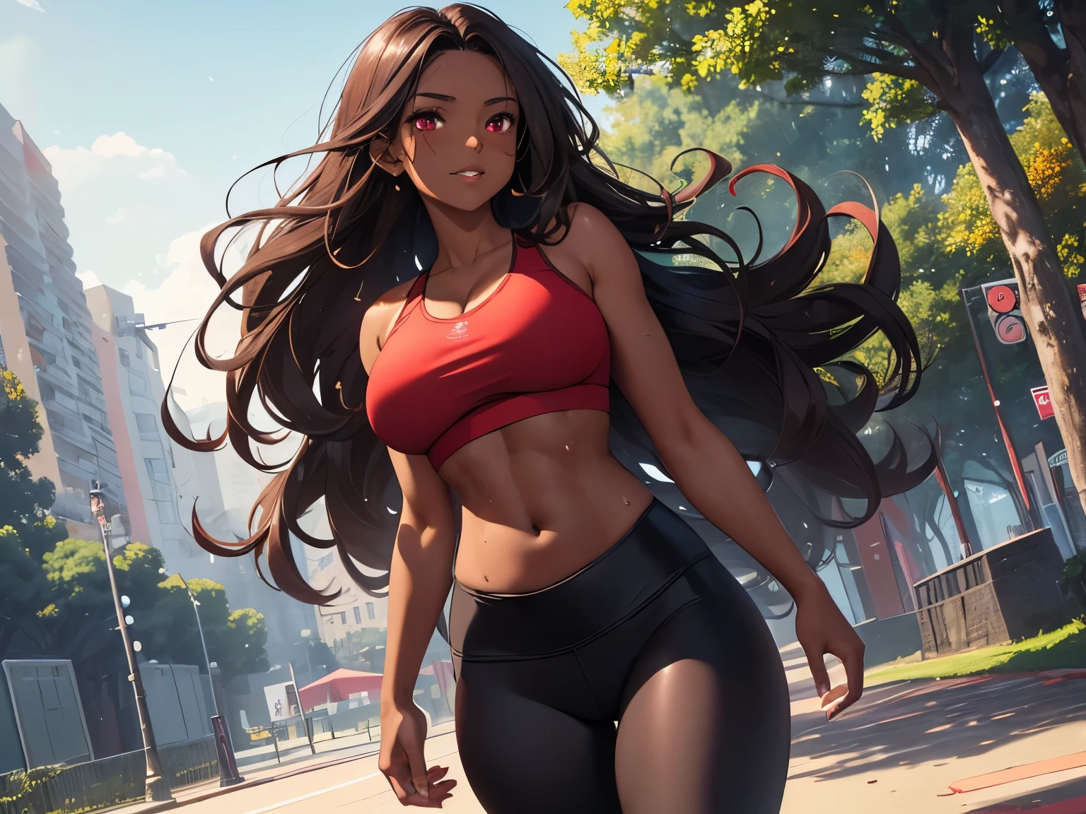 Masterpiece, best quality, 1girl, mature woman, long brown hair, beauty wavy hair, beauty red eyes, detailed eyes, (morning at park), (( black leggings, red sports bra )), big saggy tits, sweating, (dark skin : 1.5), little smile, ( walking ), beauty scenery, colourfull background, volumetric lighting, warm lighting