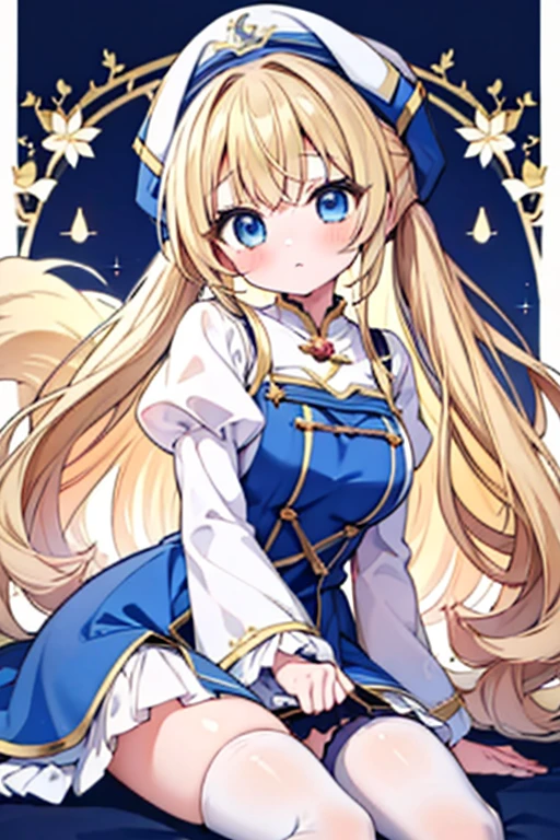 Blonde with blue eyes、Lolita、Large Breasts、Twin tails、Girl Brat,Large Breasts,Cute eyes,Puffy eyes,１Animal Pomeranian,Priestess Costume,