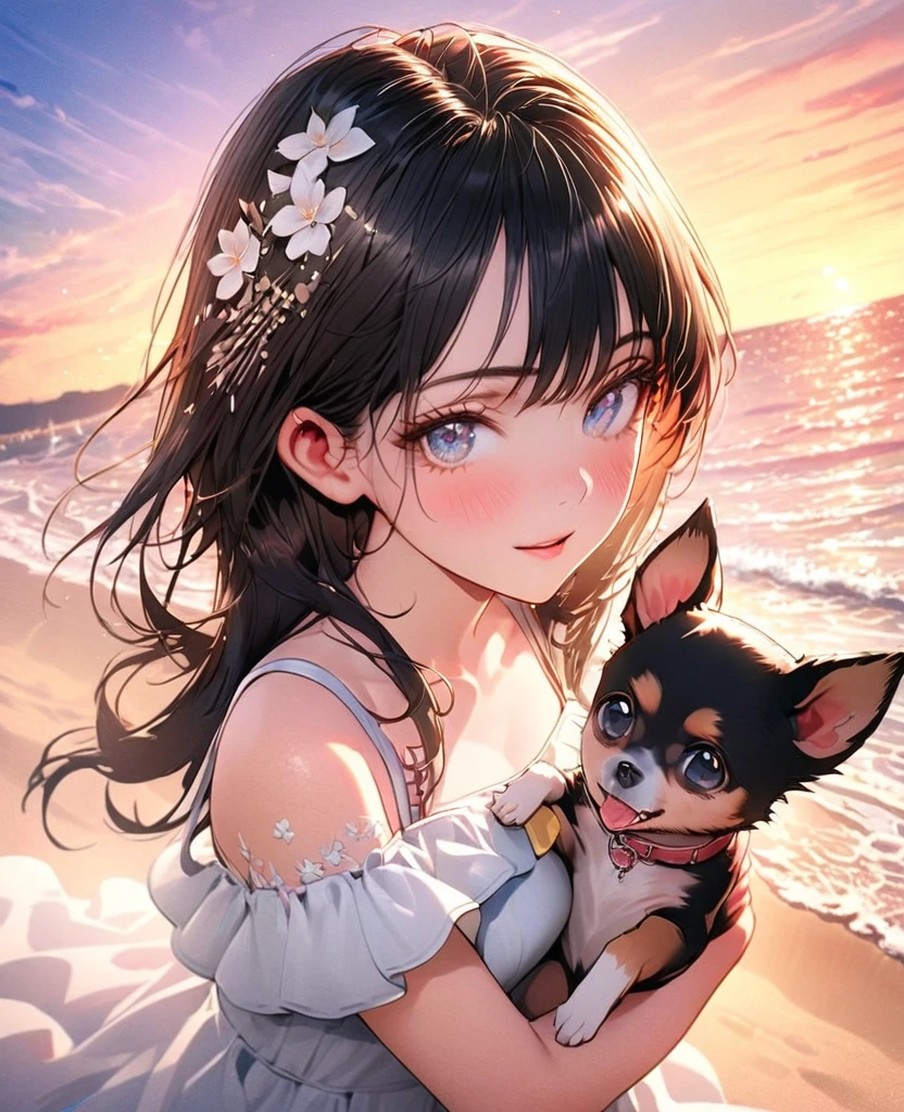 8k,Ephemeral beauty,Very delicate and beautiful,Beautiful and realistic skin,,Black Hair、Long and colorful hair,Beautiful Eyes,good,Beautiful sunset、dog(chihuahua)hug、dog cream color、Walking on the beach with my dog、casual、