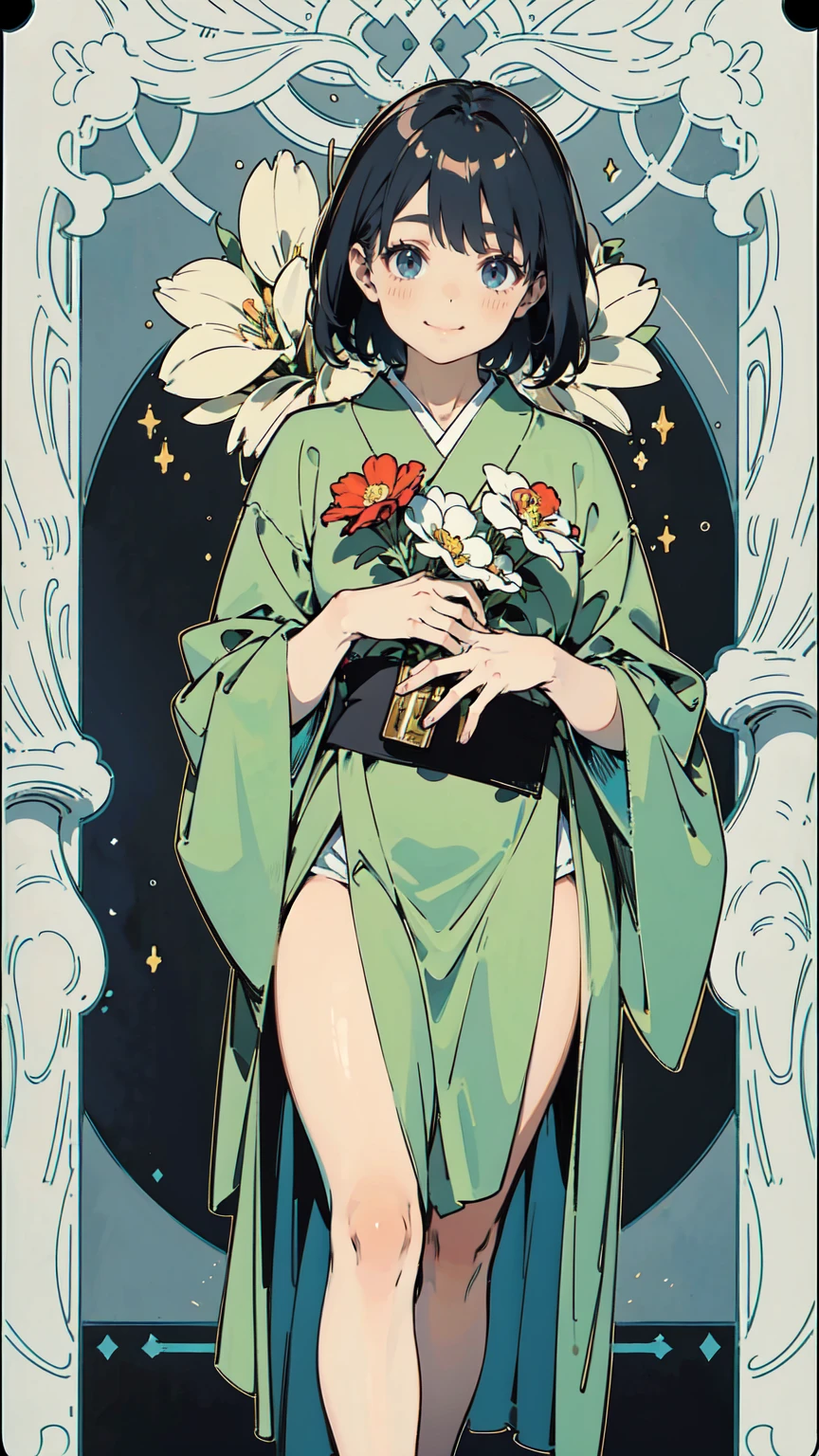 Tarot Cards、Masterpiece、Highest quality、Amazing details、Detailed Background、Line art、Written boundary depth、Flat Shading、Mucha style、Art Nouveau、Botanical Art、Flower Art、Surrounded by lots of flowers、、、、Japanese idol costumes from the 1990s、Vintage Color、colorful、Anatomically correct、Slim figure、Thick thighs、Expressive eyes、smilingly、Perfect Face、Black Hair、Short Hair、Embarrassing、She is blushing