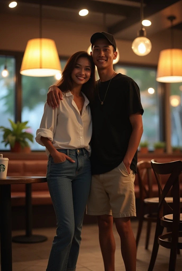 21 year old Indonesian woman in white shirt with open buttons, jeans, sport shoes, standing pose while putting her arm around the shoulder of 22 year old man in black shirt, black baseball cap, beige shorts inside Starbucks cafe at night. realistic image, 4K HDR quality, DSLR bokeh effect