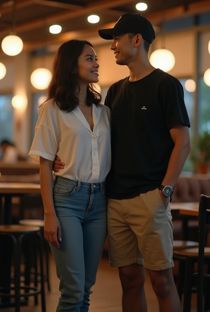 21 year old Indonesian woman in white shirt with open buttons, jeans, sport shoes, standing pose while putting her arm around the shoulder of 22 year old man in black shirt, black baseball cap, beige shorts inside Starbucks cafe at night. realistic image, 4K HDR quality, DSLR bokeh effect