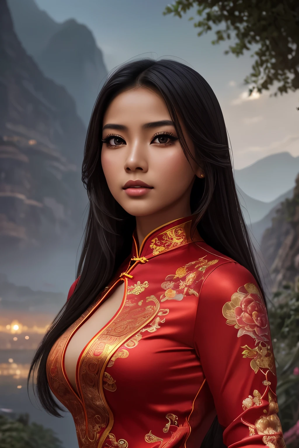 a sexy mexican young 20 year old woman wearing a very tight chinese cheongsam dress, beautiful detailed eyes, beautiful detailed lips, extremely detailed face, long eyelashes, elegant pose, serene expression, cinematic lighting, dramatic colors, fantasy landscape background, digital painting, ultra-detailed, photorealistic, masterpiece
