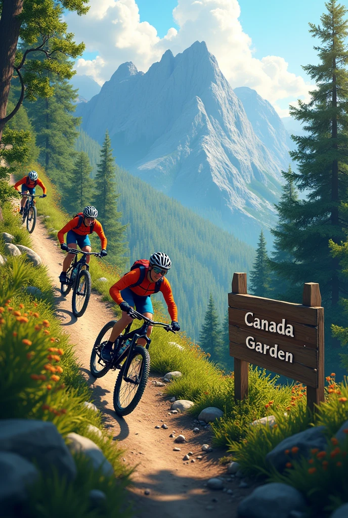 3 cyclists descending a mountain on their mountain bikes, put up a sign saying Canada Garden