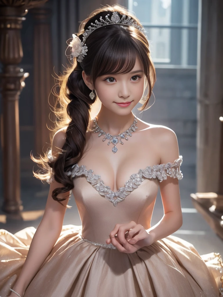 Dramatic composition, Court-style dress, Royal, nice, カスケードFrills, Frills, bow, Crystal Chandelier, Roman Curly Hairstyles, to place, ponytail, Looking at the camera, bangs, Maximalism, Palace-like background, Delicate depiction of hair and eyes, Princess Dress, nice skirts, Flowers in hands, smile, Starry Eyes, Cinematic Light, Extremely detailed, High resolution, happy, diamond, broken diamond, Crystal Fragment, Particles of light,Small cleavage