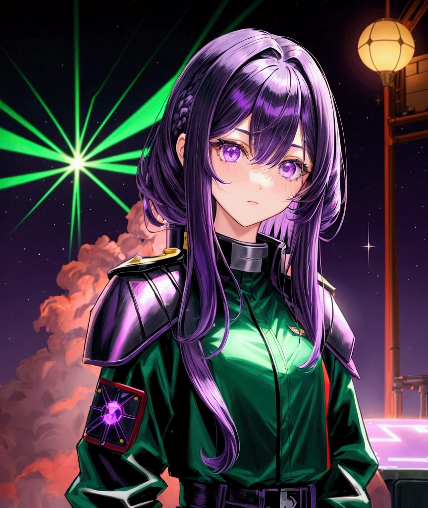 「(a pilot girl),(cool and beautiful),(medium hair),(straight hair),(purple hair),(black coat) ,(red under shirt),(dark green shoulder pad), (purple eyes),(science fiction)」