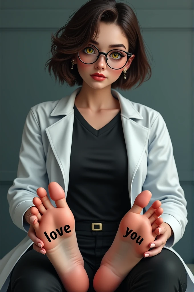 create the image of a 28 year old character with short dark brown hair to the shoulder, round prescription glasses, skin fair, yellow seductive eyes, black jersey, lab coat and tailored pants, earrings and the body reasonably "big fit ass", she is sitting, without shoes, Her feet have 5 toes each and on the sole of one of the character&#39;s feet it says LOVE and on the sole of the other foot it says YOU